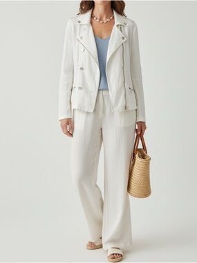 Mur Mur white studded linen double breasted moto military style zipper jacket